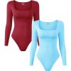 2 Pcs Long Sleeve Bodysuit Jumpsuit for Women, Seamless Ribbed Square Neck Shapewear for Women