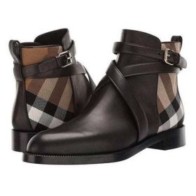Women Pu Leather Boots Buckle Design Plaid Ankle High Fashion (Shoe Size: 44, Color: Auburn)