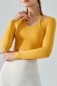 Halter Neck Long Sleeve Cropped Sports Top (Color: Yellow, size: M)