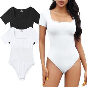 MRIGNT 2 Piece Short Sleeve Bodysuits for Women Sexy Ribbed Square Neck Top (Color: Coffee+Blue, size: L)