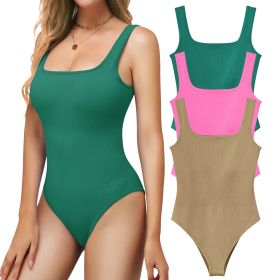 Ribbed Seamless Bodysuit for Women, Sleeveless Shapewear Tank Top for Tummy Control, Sexy Body Sculpting Suits 3 Pack (Color: Pink+lightcoffee+green, size: M)