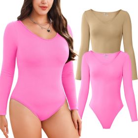 Women Long Sleeve Bodysuits 2 Pack, V Neck Sexy Tops with Ribbed Seamless Design (Color: Lightcoffee+Pink, size: L)