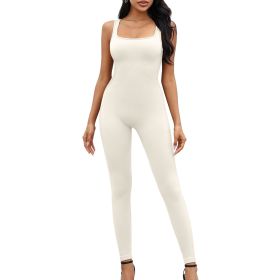 Women Yoga Romper Workout Ribbed Sleeveless Sport Stretch Jumpsuit Playsuit (Color: Beige, size: M)