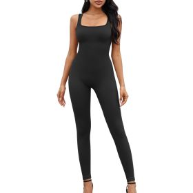 Women Yoga Romper Workout Ribbed Sleeveless Sport Stretch Jumpsuit Playsuit (Color: Black, size: L)