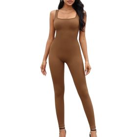 Women Yoga Romper Workout Ribbed Sleeveless Sport Stretch Jumpsuit Playsuit (Color: Coffee, size: L)