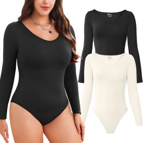 Women Long Sleeve Bodysuits 2 Pack, V Neck Sexy Tops with Ribbed Seamless Design (Color: Black+Beige, size: L)