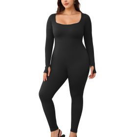 Womens Yoga Jumpsuits Workout Ribbed Long Sleeve Sport Jumpsuits (Color: Black, size: L)