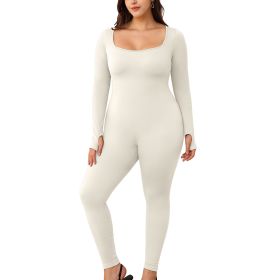 Womens Yoga Jumpsuits Workout Ribbed Long Sleeve Sport Jumpsuits (Color: Beige, size: L)