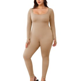 Womens Yoga Jumpsuits Workout Ribbed Long Sleeve Sport Jumpsuits (Color: KhakiBeige, size: S)