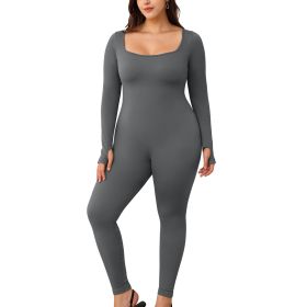 Womens Yoga Jumpsuits Workout Ribbed Long Sleeve Sport Jumpsuits (Color: DarkGray, size: M)