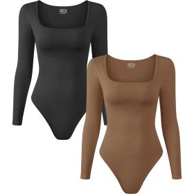 2 Pcs Long Sleeve Bodysuit Jumpsuit for Women, Seamless Ribbed Square Neck Shapewear for Women (Color: Lightcoffee+Pink, size: L)