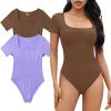MRIGNT 2 Piece Short Sleeve Bodysuits for Women Sexy Ribbed Square Neck Top