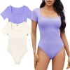 MRIGNT 2 Piece Short Sleeve Bodysuits for Women Sexy Ribbed Square Neck Top