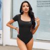 MRIGNT 2 Piece Short Sleeve Bodysuits for Women Sexy Ribbed Square Neck Top