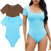 MRIGNT 2 Piece Short Sleeve Bodysuits for Women Sexy Ribbed Square Neck Top