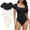 MRIGNT 2 Piece Short Sleeve Bodysuits for Women Sexy Ribbed Square Neck Top